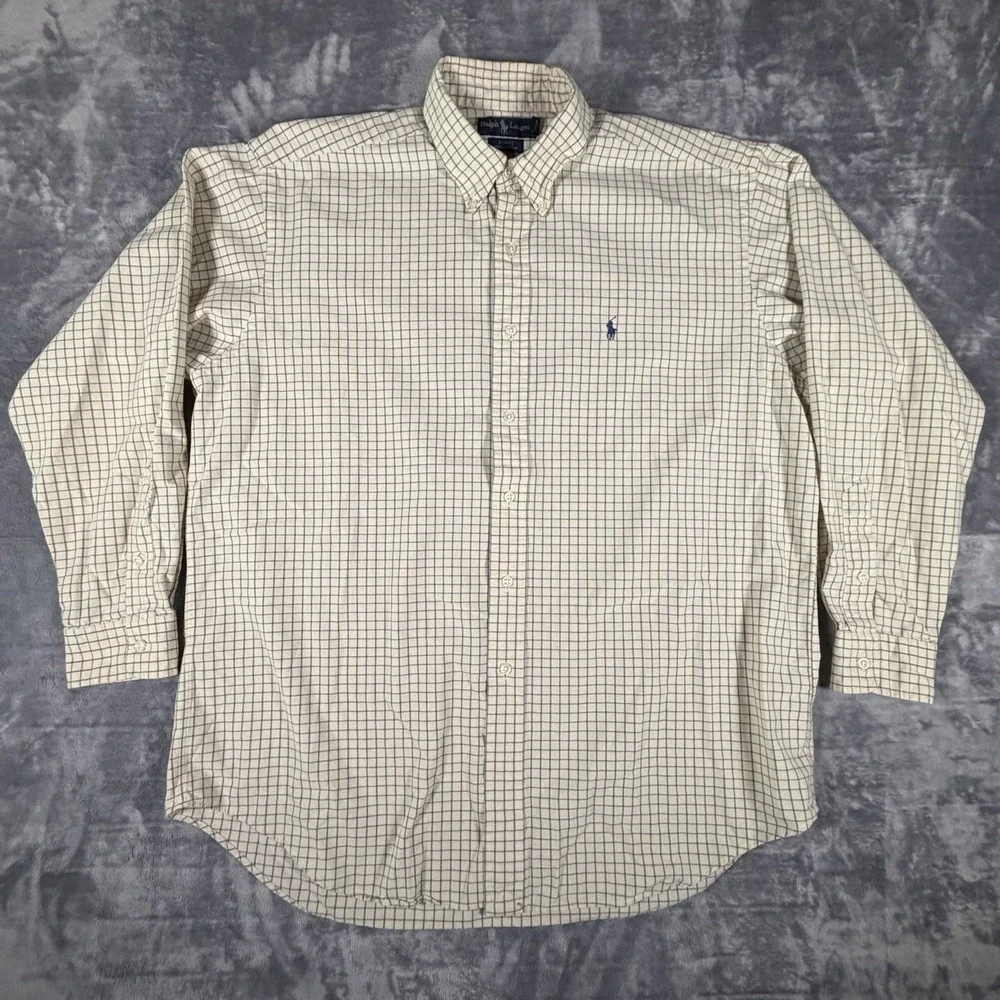 Polo Ralph Lauren Shirt Men's Large Tan Windowpane Plaid Long Sleeve Preppy Pony